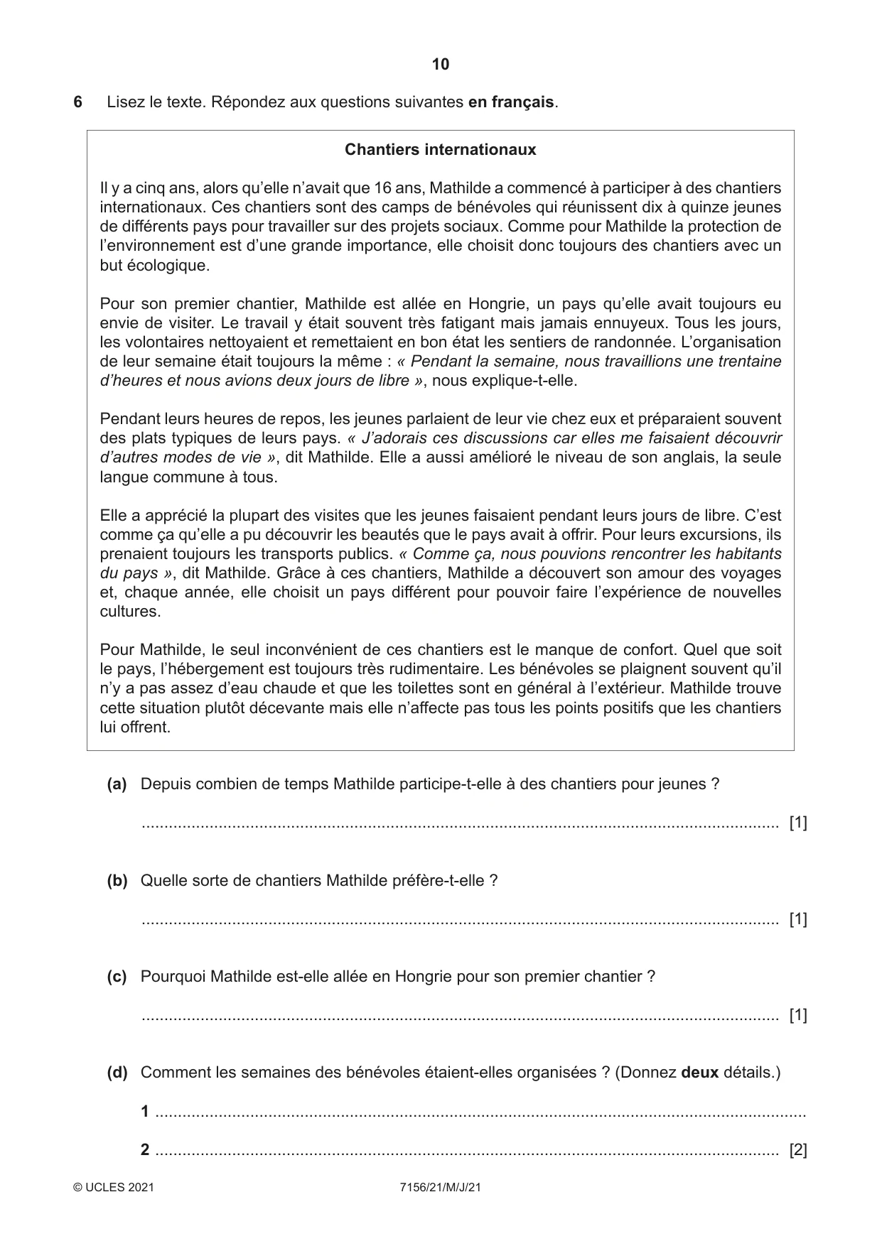Cambridge IGCSE French (9-1) 7156 2021 May/June Paper 2 · Variant 1 question paper, page 10 of 12