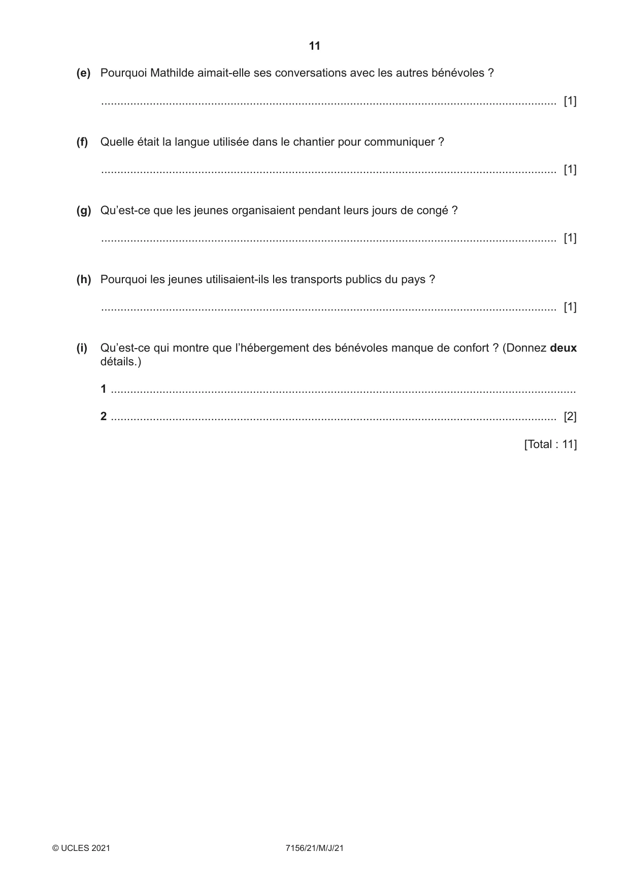 Cambridge IGCSE French (9-1) 7156 2021 May/June Paper 2 · Variant 1 question paper, page 11 of 12