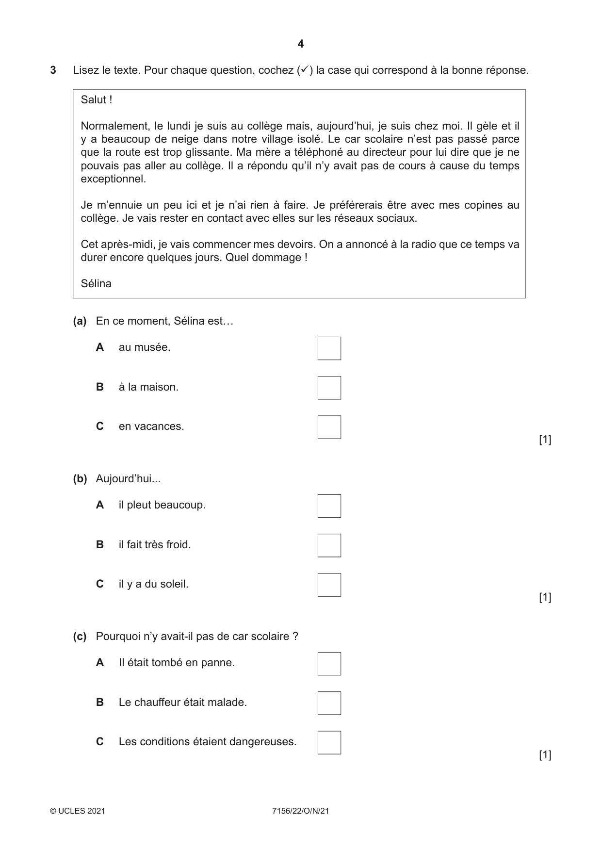 Cambridge IGCSE French (9-1) 7156 2021 Oct/Nov Paper 2 · Variant 2 question paper, page 4 of 12