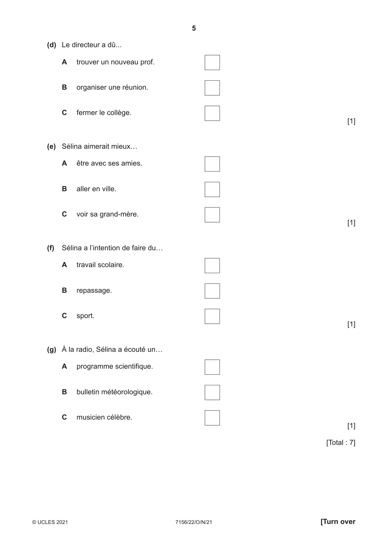 Cambridge IGCSE French (9-1) 7156 2021 Oct/Nov Paper 2 · Variant 2 question paper, page 5 of 12
