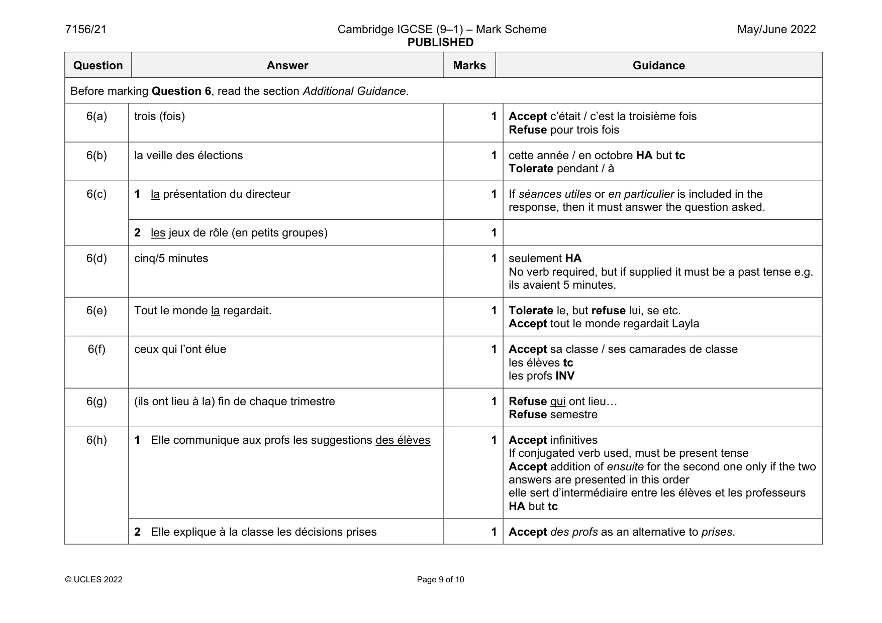 Mark scheme, page 9 of 10