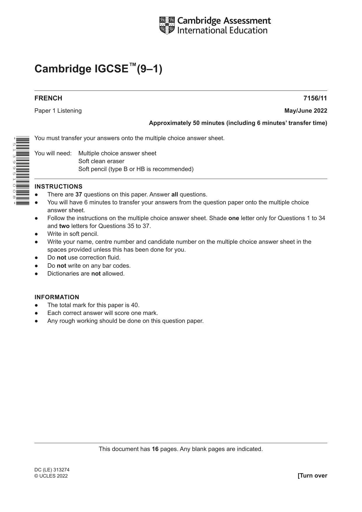 Cambridge IGCSE French (9-1) 7156 2022 May/June Paper 1 · Variant 1 question paper, page 1 of 16