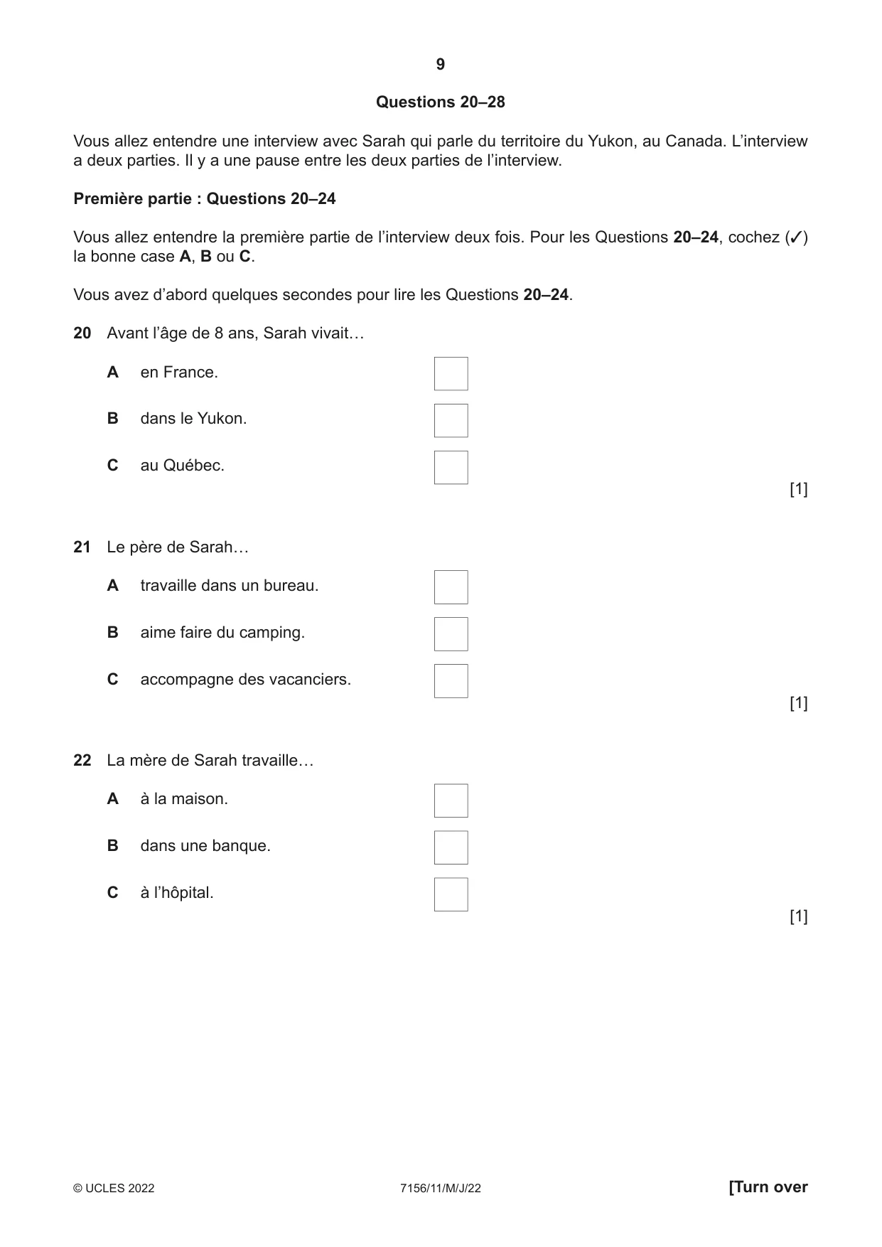 Cambridge IGCSE French (9-1) 7156 2022 May/June Paper 1 · Variant 1 question paper, page 9 of 16