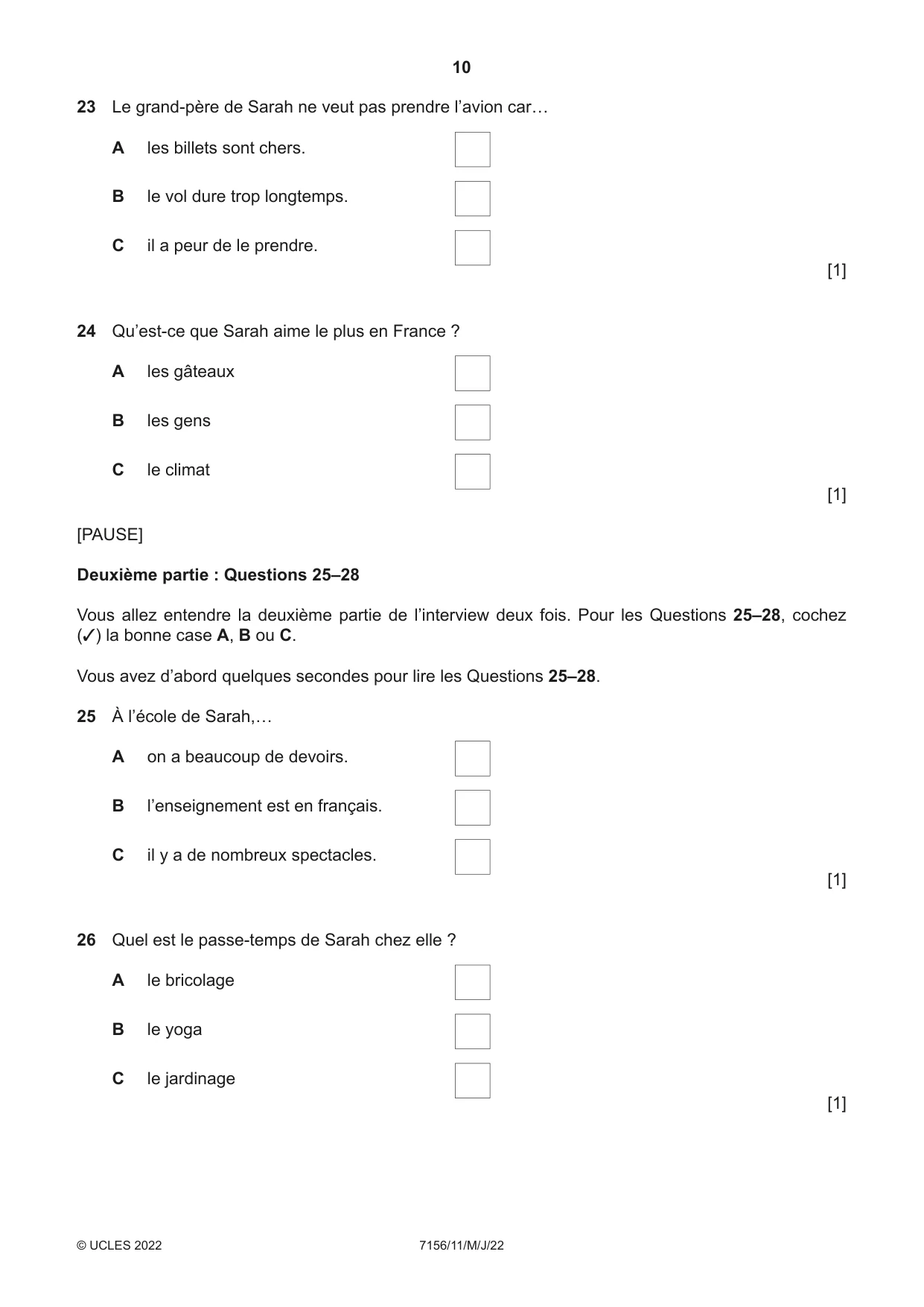 Cambridge IGCSE French (9-1) 7156 2022 May/June Paper 1 · Variant 1 question paper, page 10 of 16