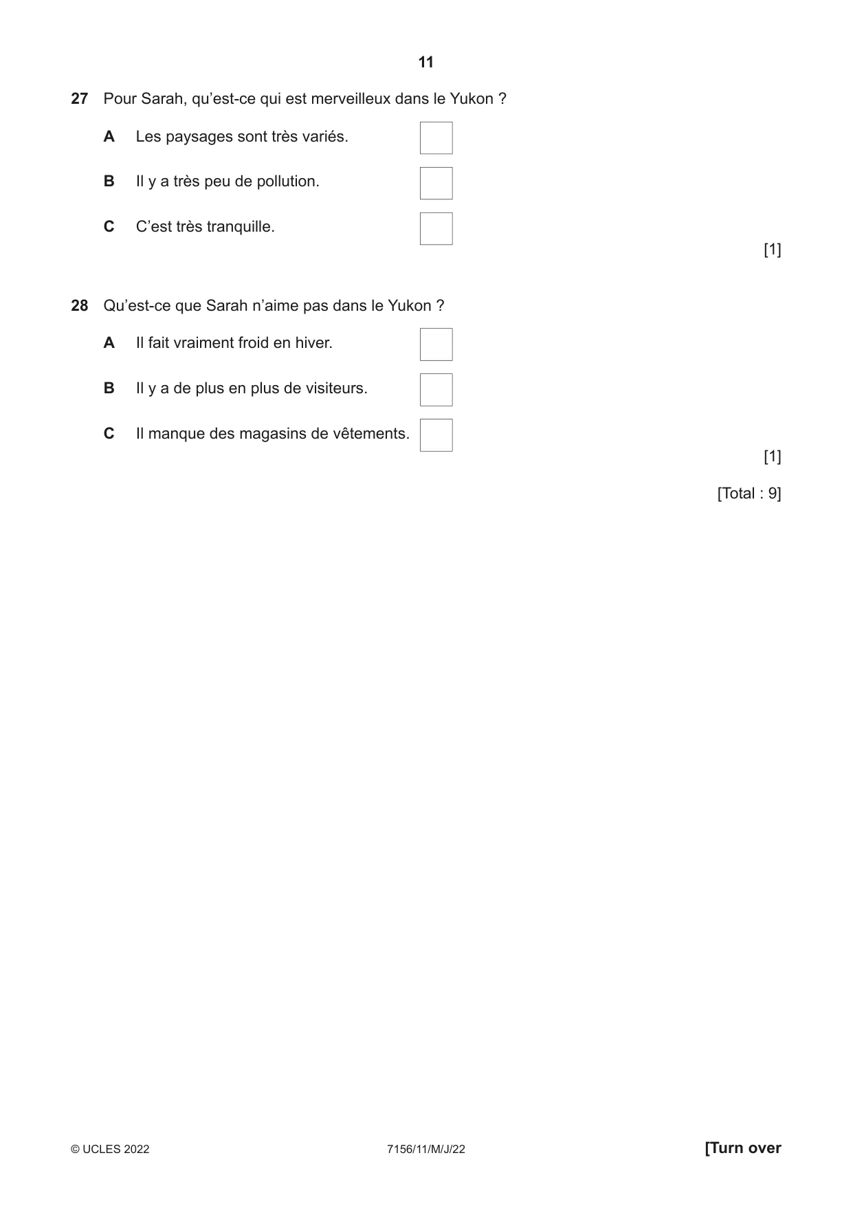 Cambridge IGCSE French (9-1) 7156 2022 May/June Paper 1 · Variant 1 question paper, page 11 of 16