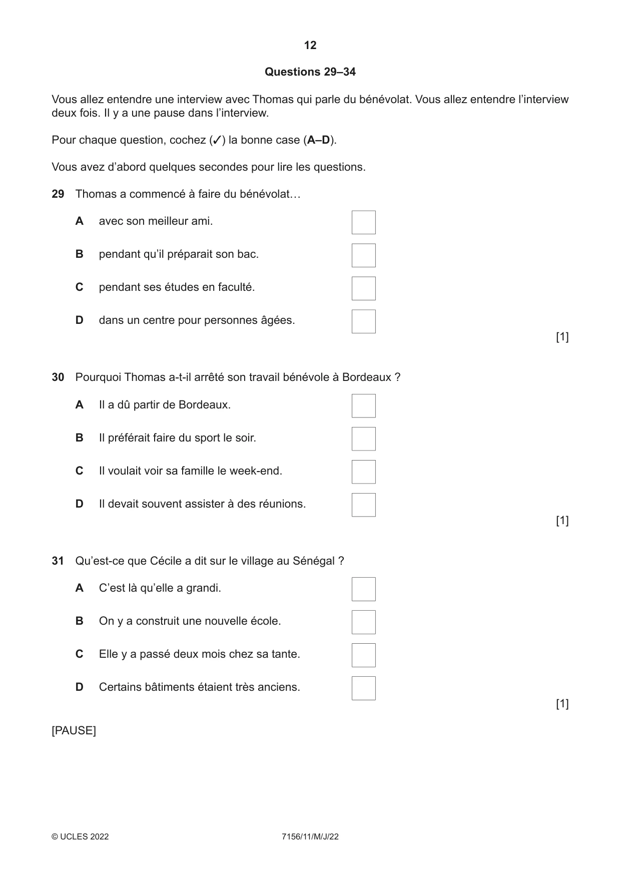 Cambridge IGCSE French (9-1) 7156 2022 May/June Paper 1 · Variant 1 question paper, page 12 of 16