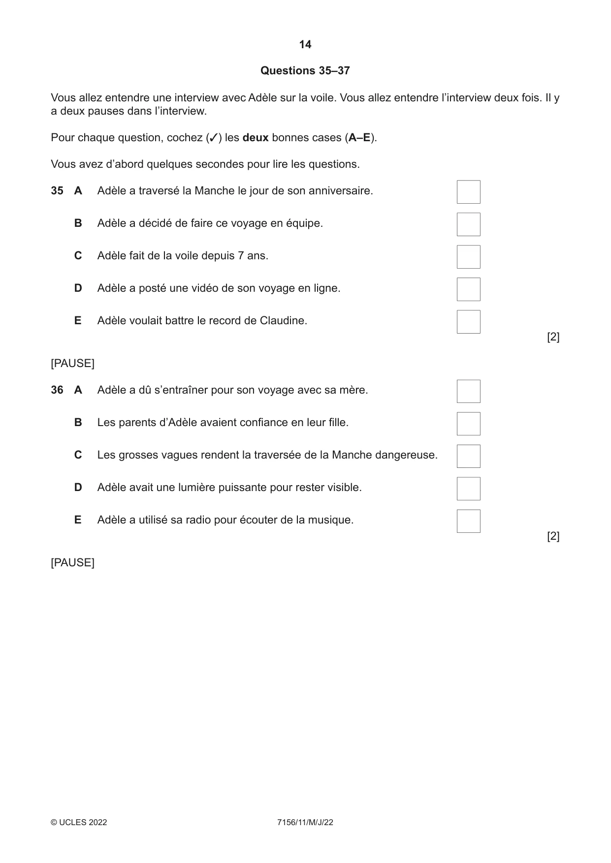 Cambridge IGCSE French (9-1) 7156 2022 May/June Paper 1 · Variant 1 question paper, page 14 of 16