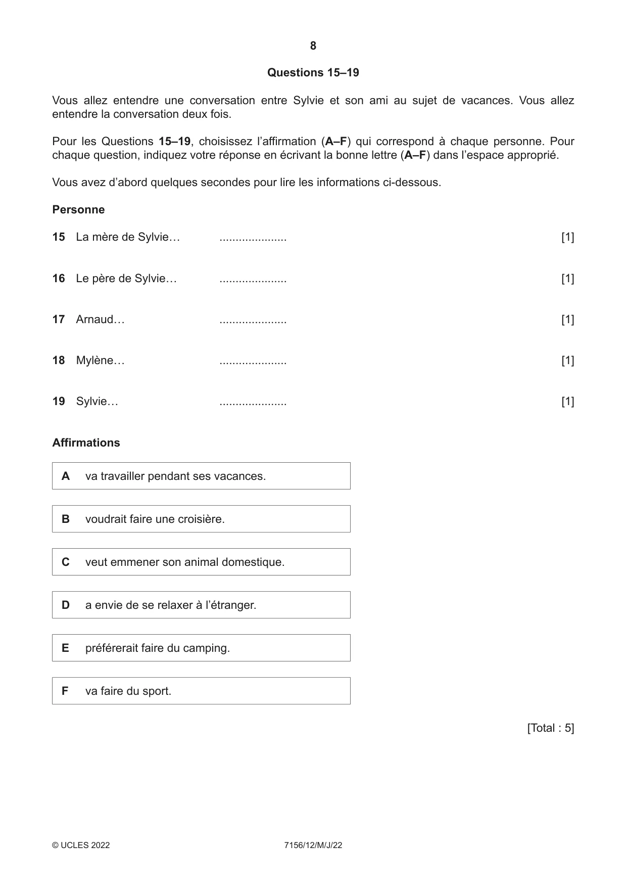 Cambridge IGCSE French (9-1) 7156 2022 May/June Paper 1 · Variant 2 question paper, page 8 of 16