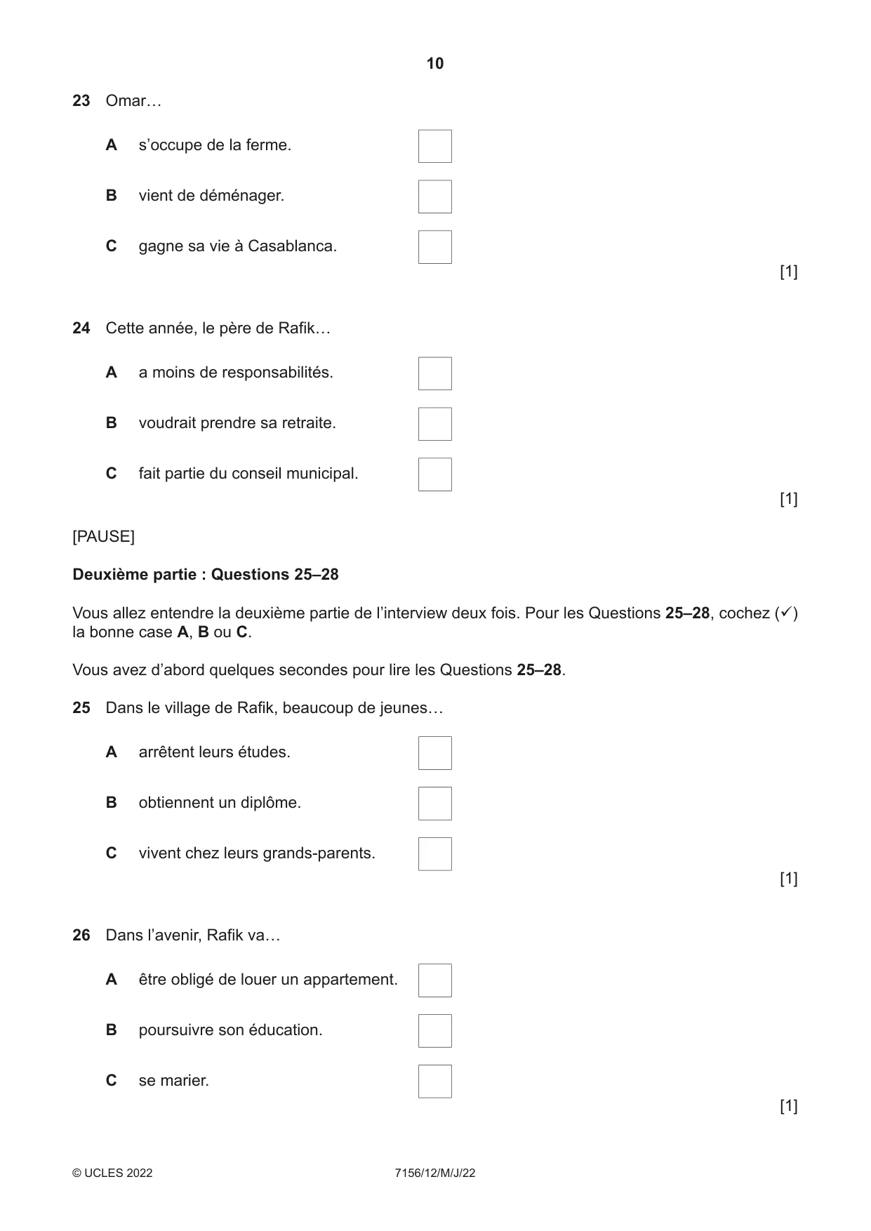 Cambridge IGCSE French (9-1) 7156 2022 May/June Paper 1 · Variant 2 question paper, page 10 of 16