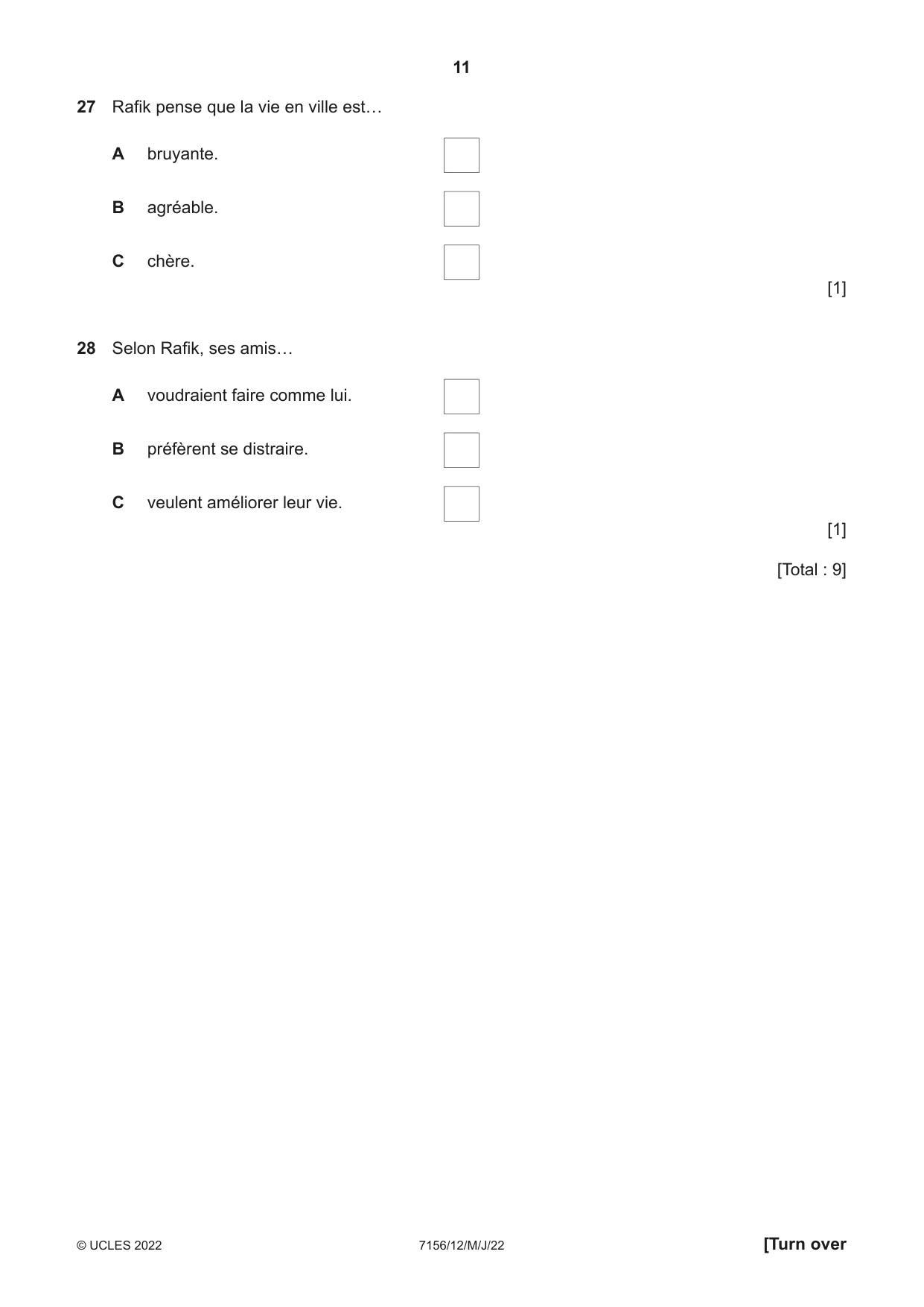 Cambridge IGCSE French (9-1) 7156 2022 May/June Paper 1 · Variant 2 question paper, page 11 of 16