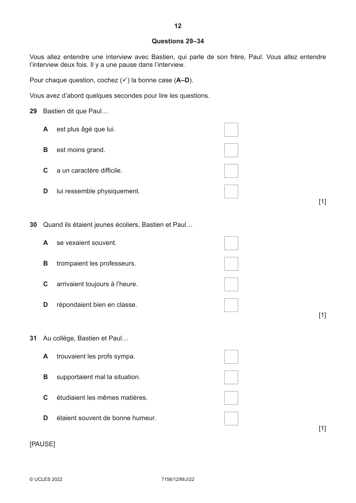 Cambridge IGCSE French (9-1) 7156 2022 May/June Paper 1 · Variant 2 question paper, page 12 of 16