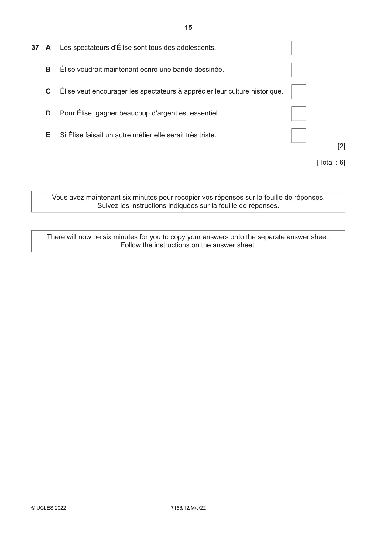 Cambridge IGCSE French (9-1) 7156 2022 May/June Paper 1 · Variant 2 question paper, page 15 of 16