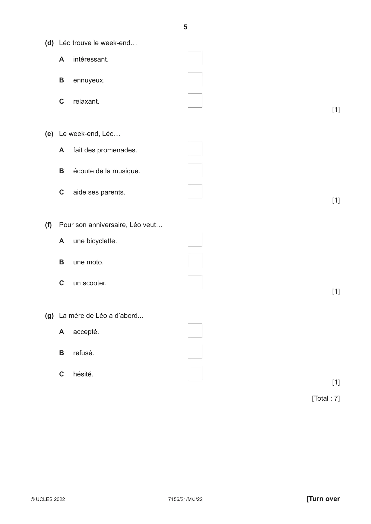 Cambridge IGCSE French (9-1) 7156 2022 May/June Paper 2 · Variant 1 question paper, page 5 of 12