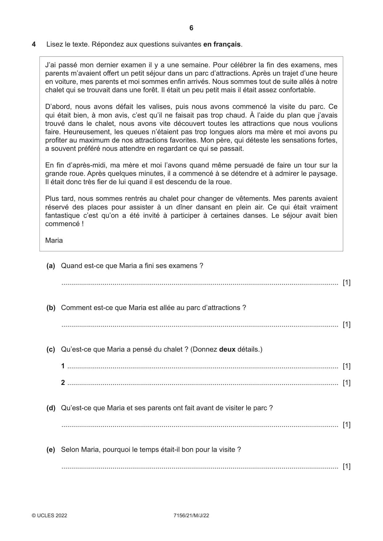 Cambridge IGCSE French (9-1) 7156 2022 May/June Paper 2 · Variant 1 question paper, page 6 of 12