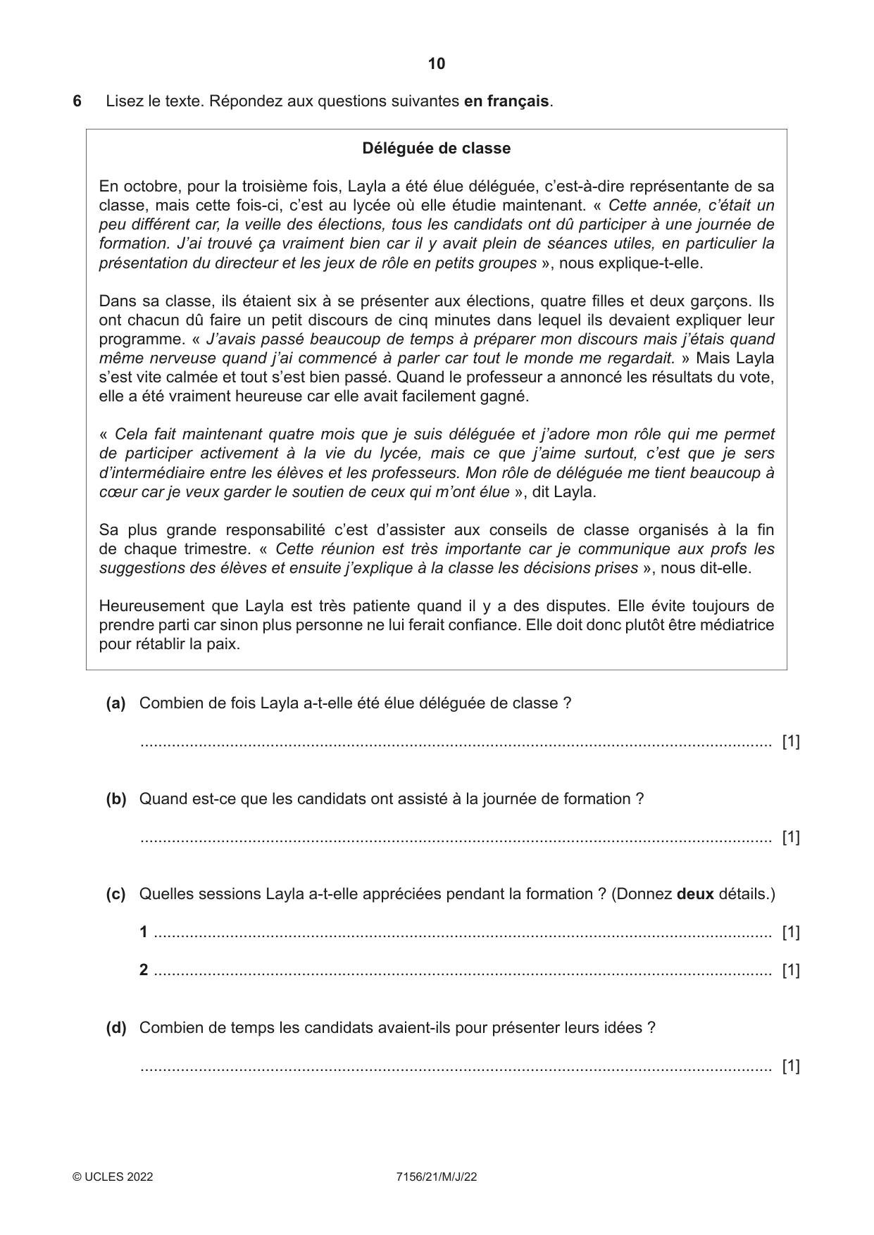 Cambridge IGCSE French (9-1) 7156 2022 May/June Paper 2 · Variant 1 question paper, page 10 of 12