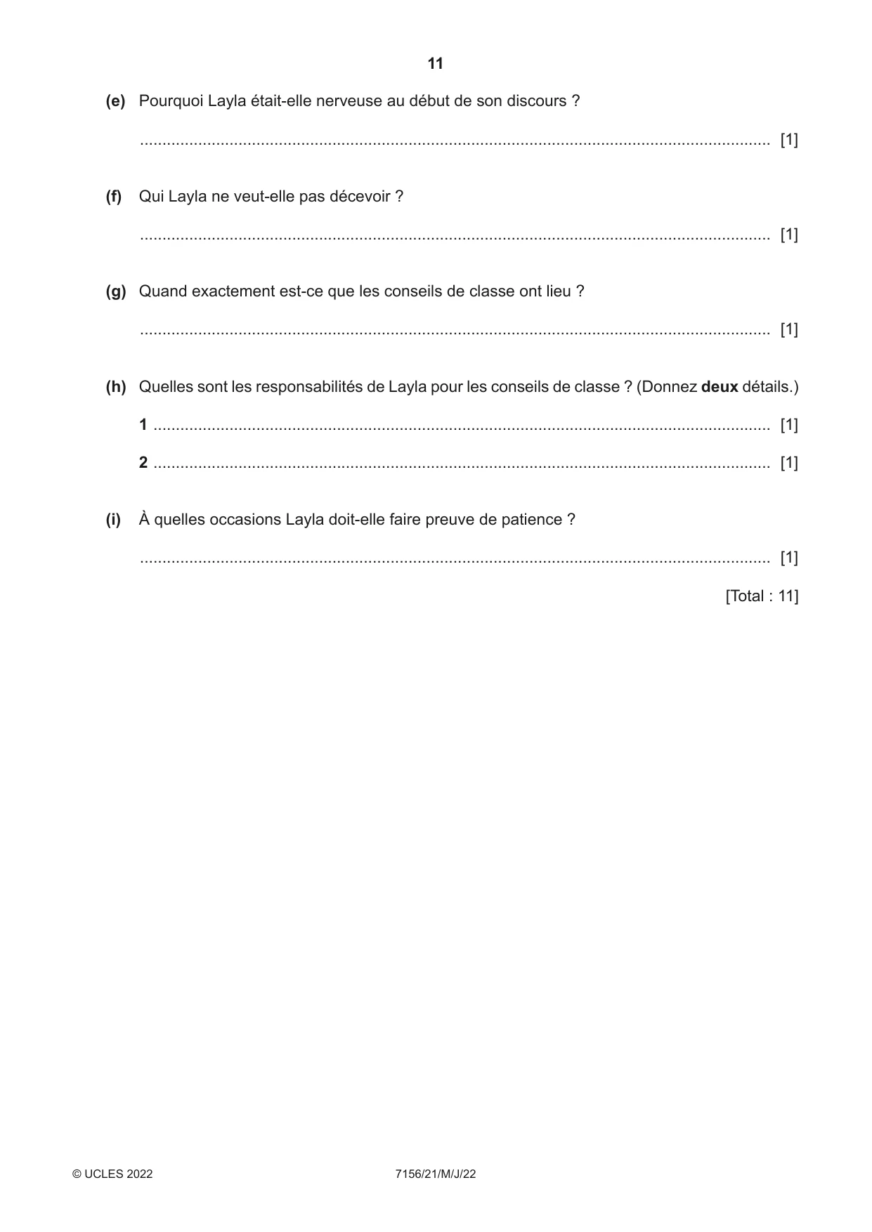 Cambridge IGCSE French (9-1) 7156 2022 May/June Paper 2 · Variant 1 question paper, page 11 of 12