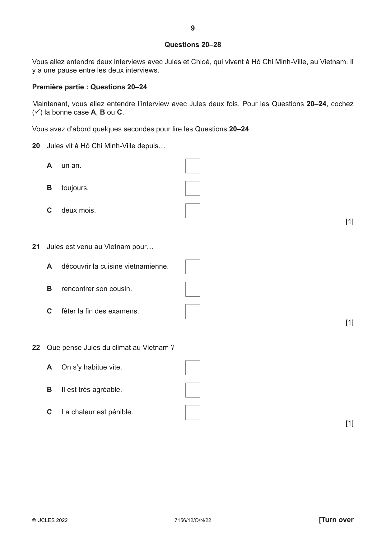 Cambridge IGCSE French (9-1) 7156 2022 Oct/Nov Paper 1 · Variant 2 question paper, page 9 of 16