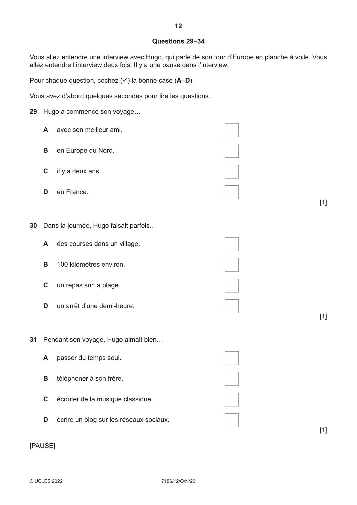 Cambridge IGCSE French (9-1) 7156 2022 Oct/Nov Paper 1 · Variant 2 question paper, page 12 of 16