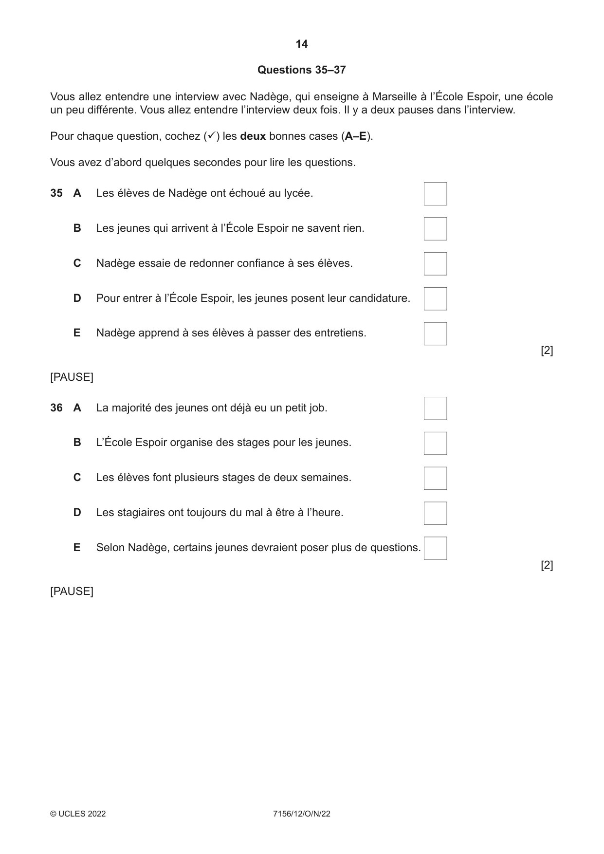 Cambridge IGCSE French (9-1) 7156 2022 Oct/Nov Paper 1 · Variant 2 question paper, page 14 of 16