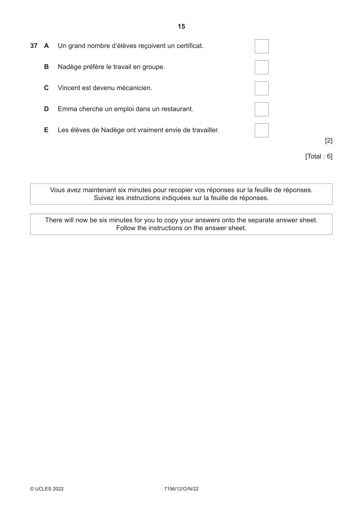 Cambridge IGCSE French (9-1) 7156 2022 Oct/Nov Paper 1 · Variant 2 question paper, page 15 of 16