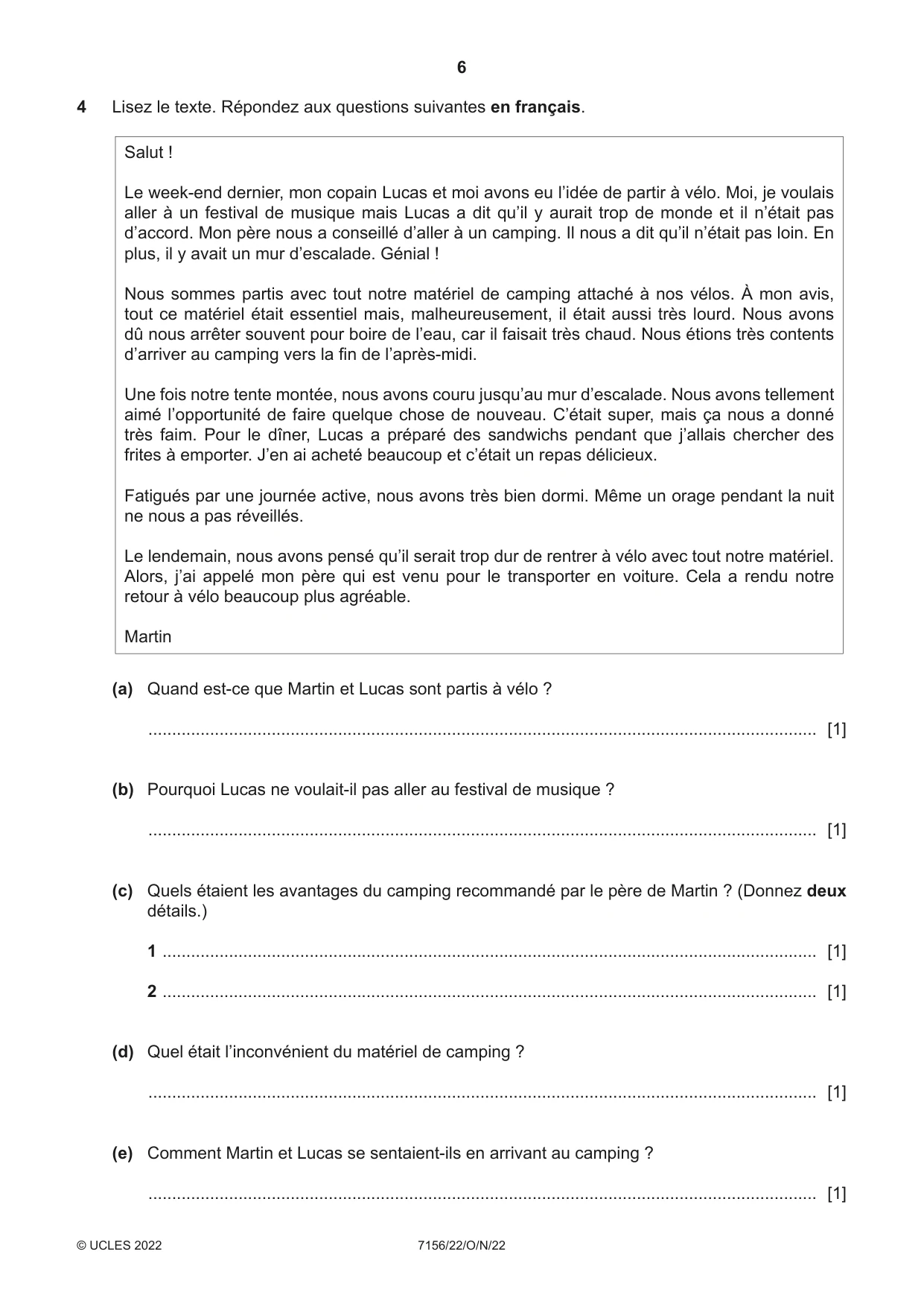 Cambridge IGCSE French (9-1) 7156 2022 Oct/Nov Paper 2 · Variant 2 question paper, page 6 of 12