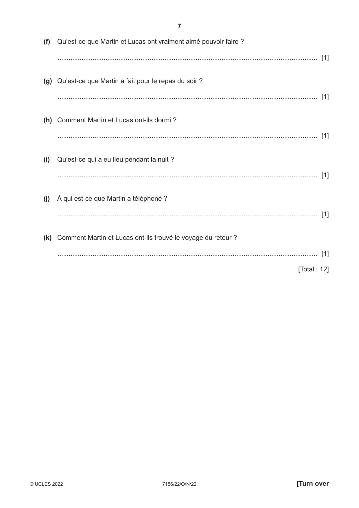 Cambridge IGCSE French (9-1) 7156 2022 Oct/Nov Paper 2 · Variant 2 question paper, page 7 of 12