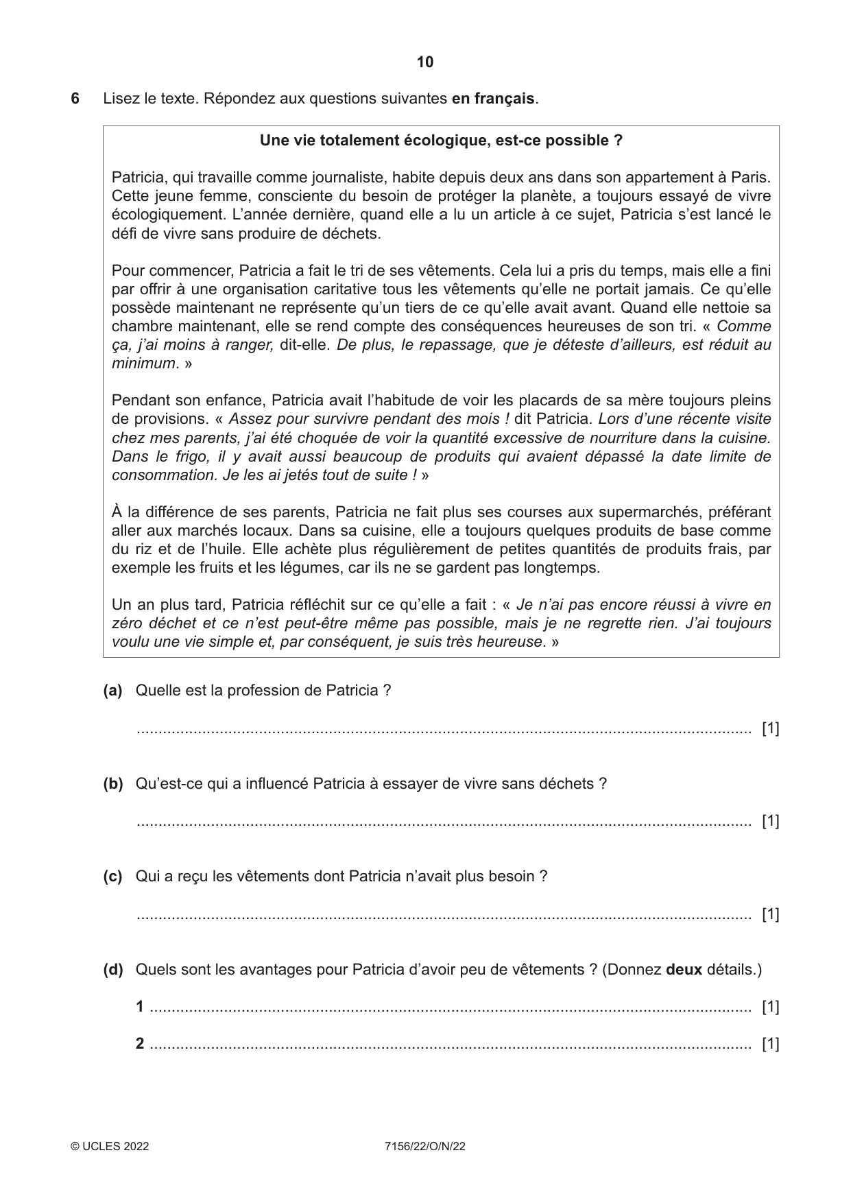 Cambridge IGCSE French (9-1) 7156 2022 Oct/Nov Paper 2 · Variant 2 question paper, page 10 of 12