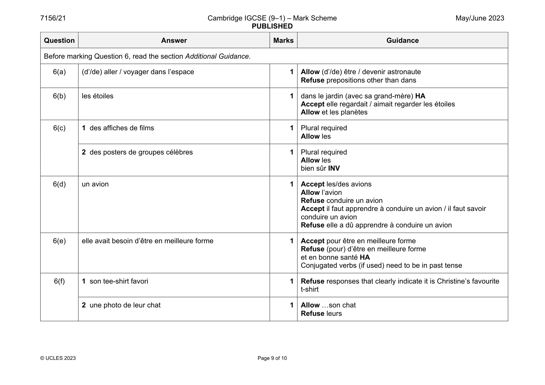 Mark scheme, page 9 of 10