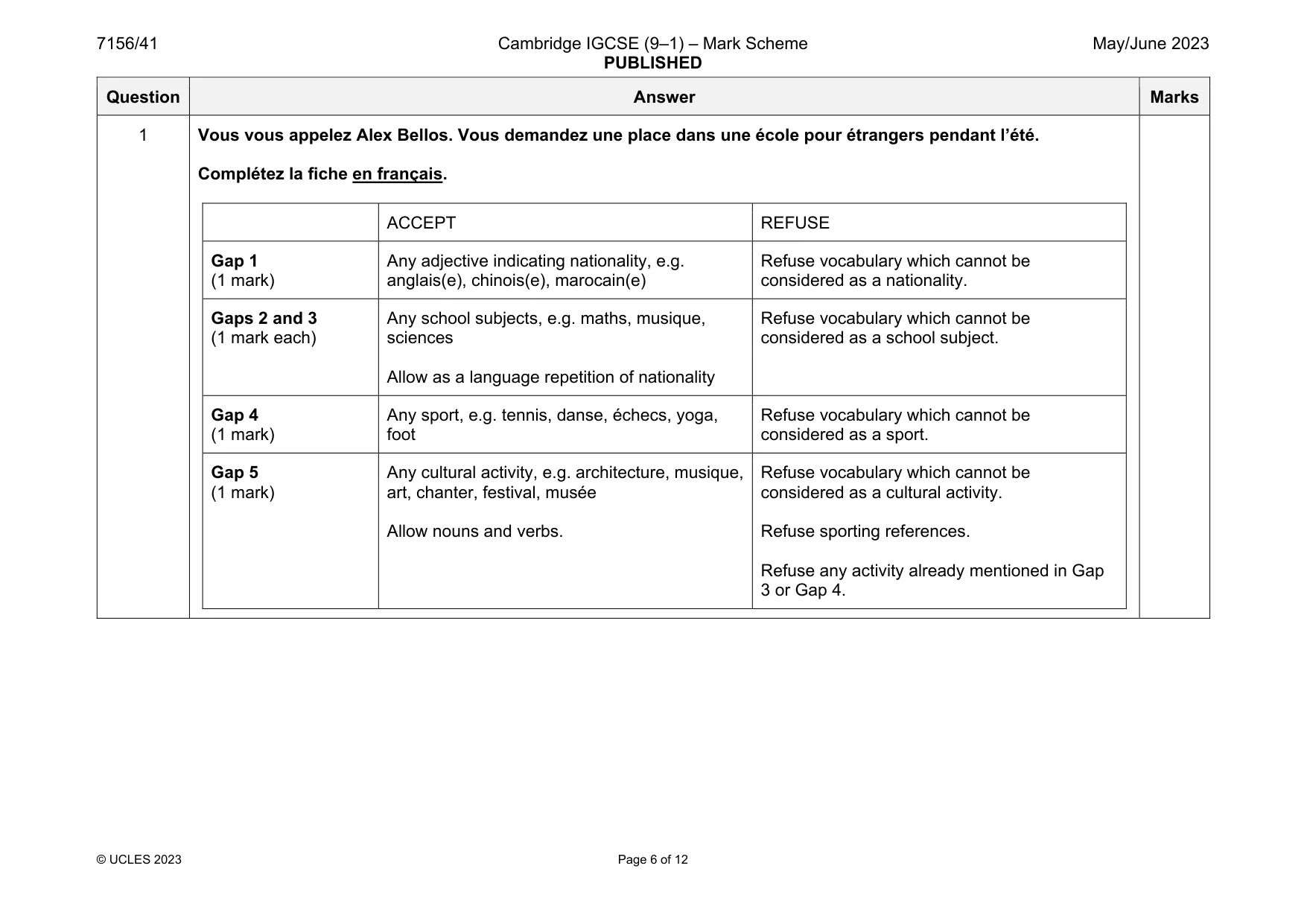 Mark scheme, page 6 of 12