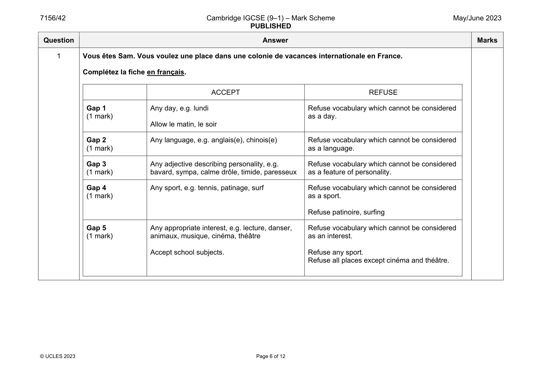 Mark scheme, page 6 of 12
