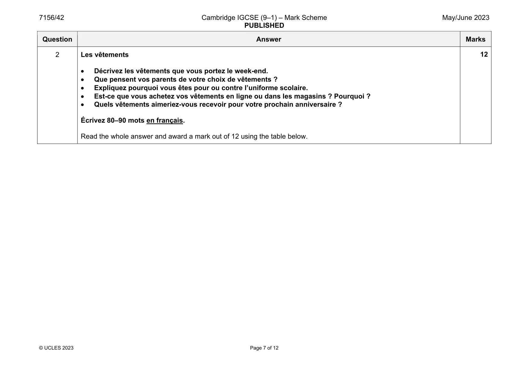 Mark scheme, page 7 of 12