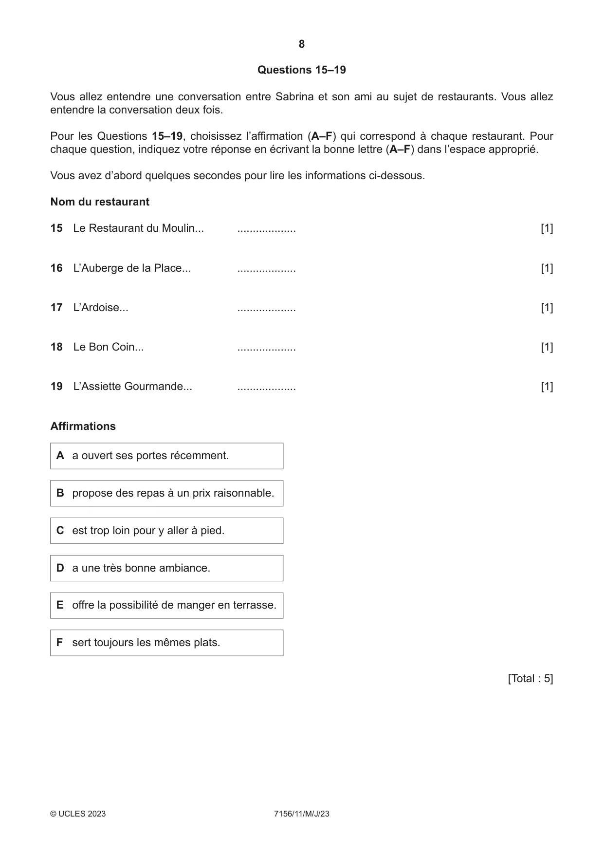 Cambridge IGCSE French (9-1) 7156 2023 May/June Paper 1 · Variant 1 question paper, page 8 of 16