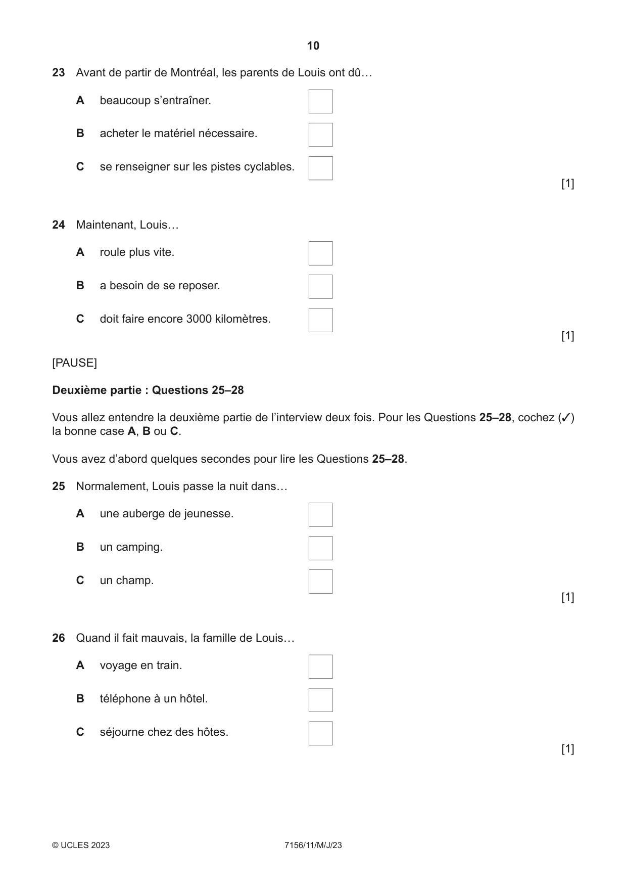 Cambridge IGCSE French (9-1) 7156 2023 May/June Paper 1 · Variant 1 question paper, page 10 of 16