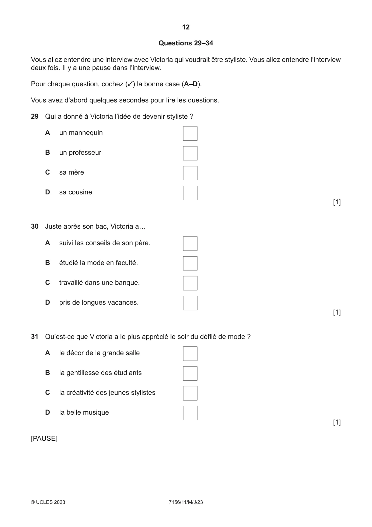Cambridge IGCSE French (9-1) 7156 2023 May/June Paper 1 · Variant 1 question paper, page 12 of 16