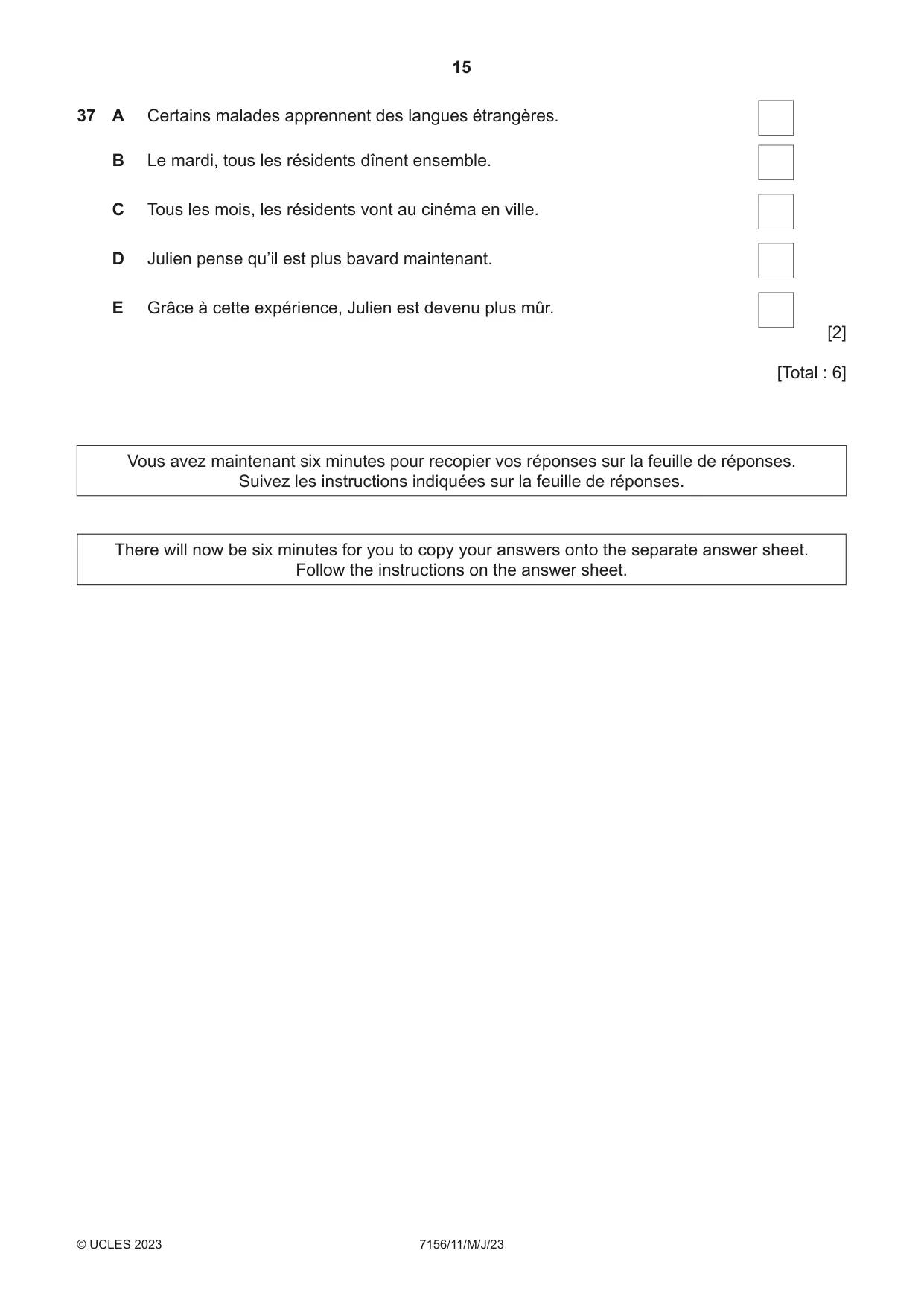 Cambridge IGCSE French (9-1) 7156 2023 May/June Paper 1 · Variant 1 question paper, page 15 of 16