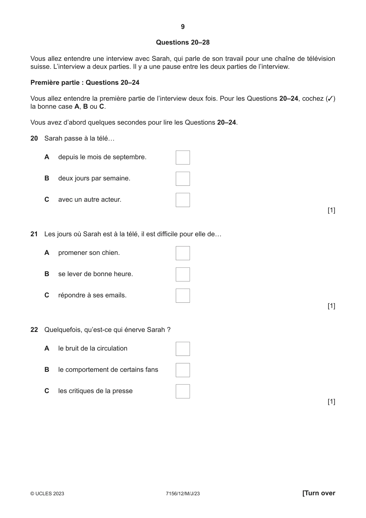 Cambridge IGCSE French (9-1) 7156 2023 May/June Paper 1 · Variant 2 question paper, page 9 of 16