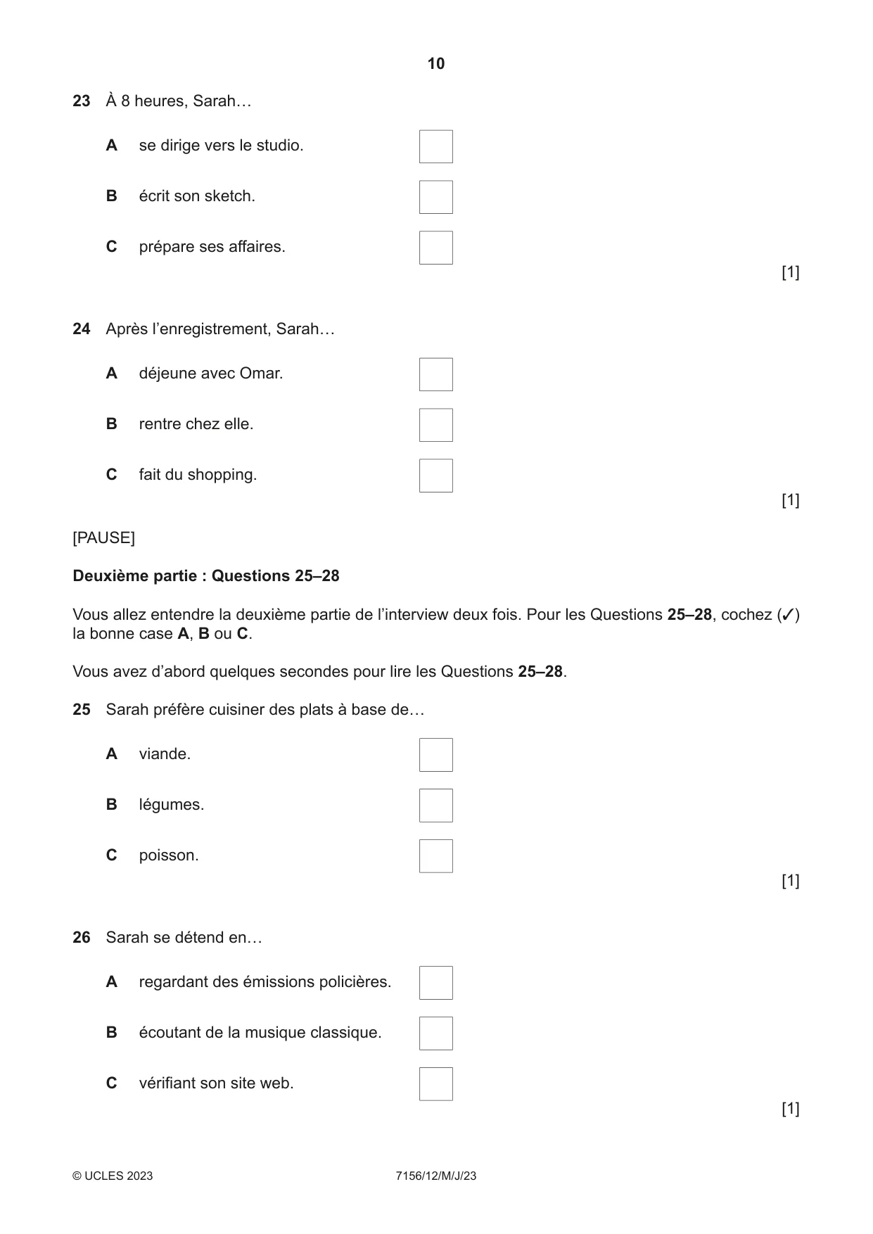 Cambridge IGCSE French (9-1) 7156 2023 May/June Paper 1 · Variant 2 question paper, page 10 of 16