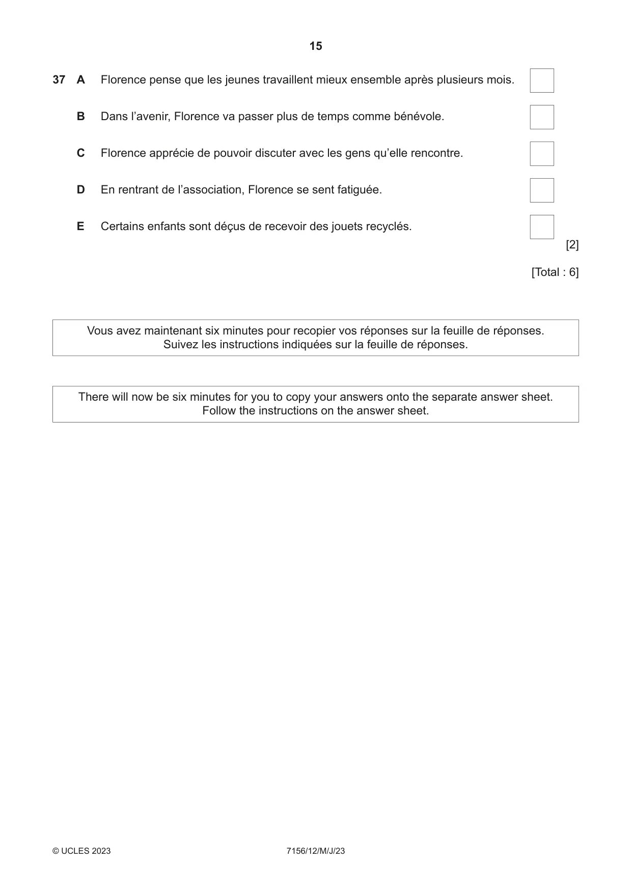 Cambridge IGCSE French (9-1) 7156 2023 May/June Paper 1 · Variant 2 question paper, page 15 of 16