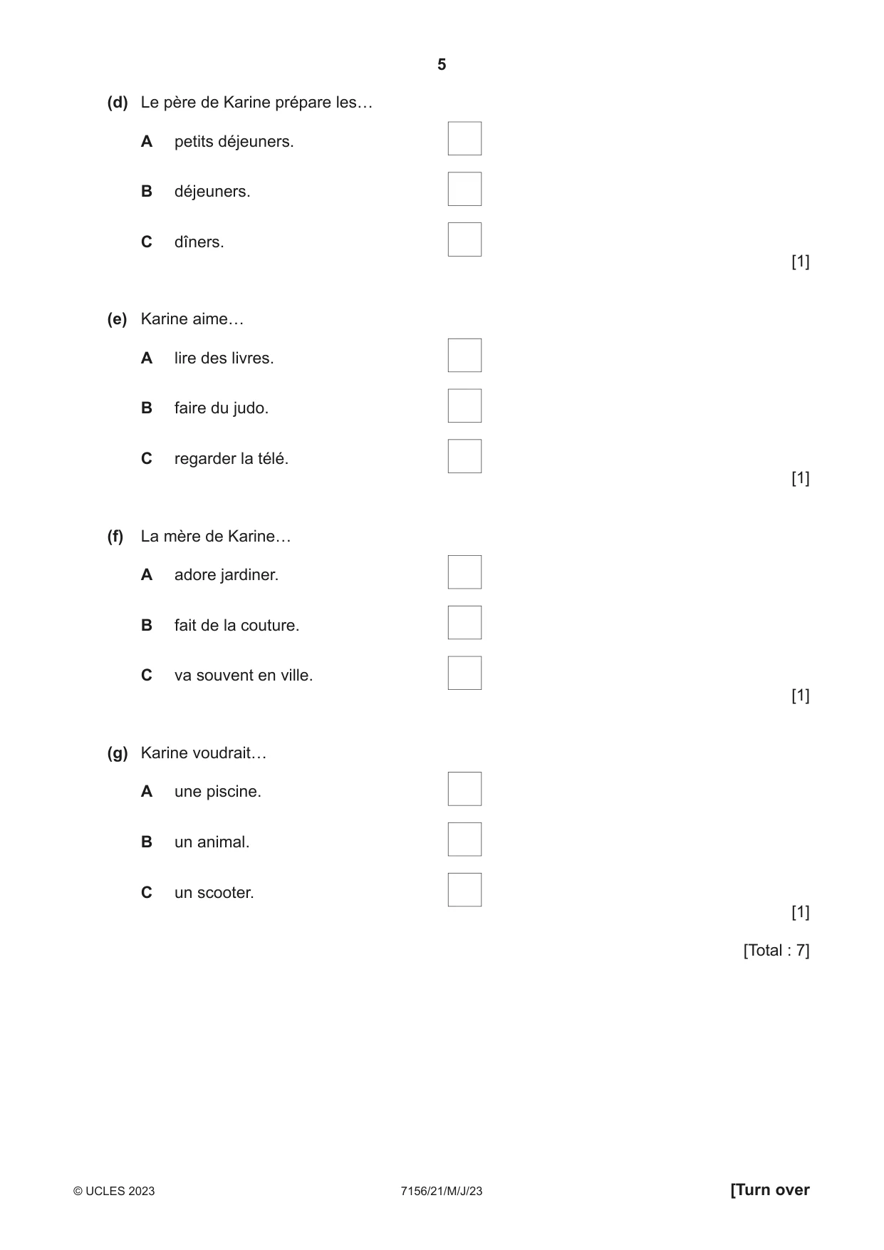 Cambridge IGCSE French (9-1) 7156 2023 May/June Paper 2 · Variant 1 question paper, page 5 of 12
