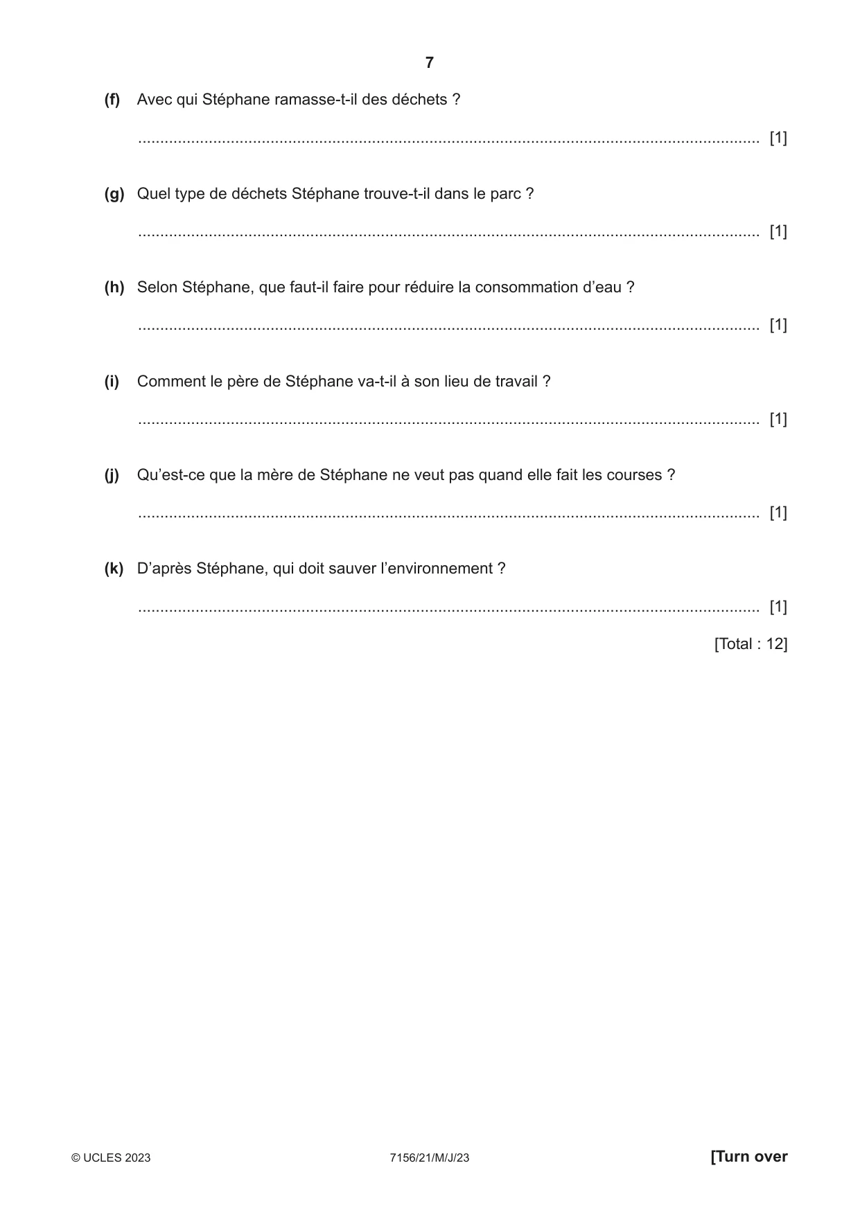 Cambridge IGCSE French (9-1) 7156 2023 May/June Paper 2 · Variant 1 question paper, page 7 of 12