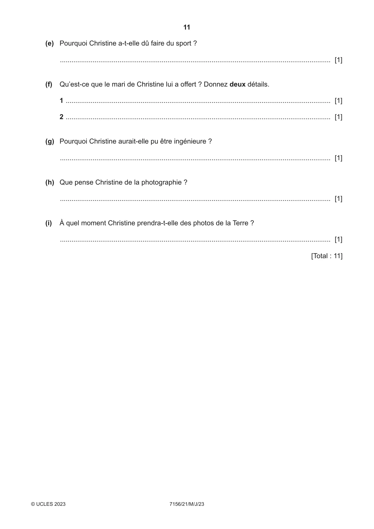 Cambridge IGCSE French (9-1) 7156 2023 May/June Paper 2 · Variant 1 question paper, page 11 of 12