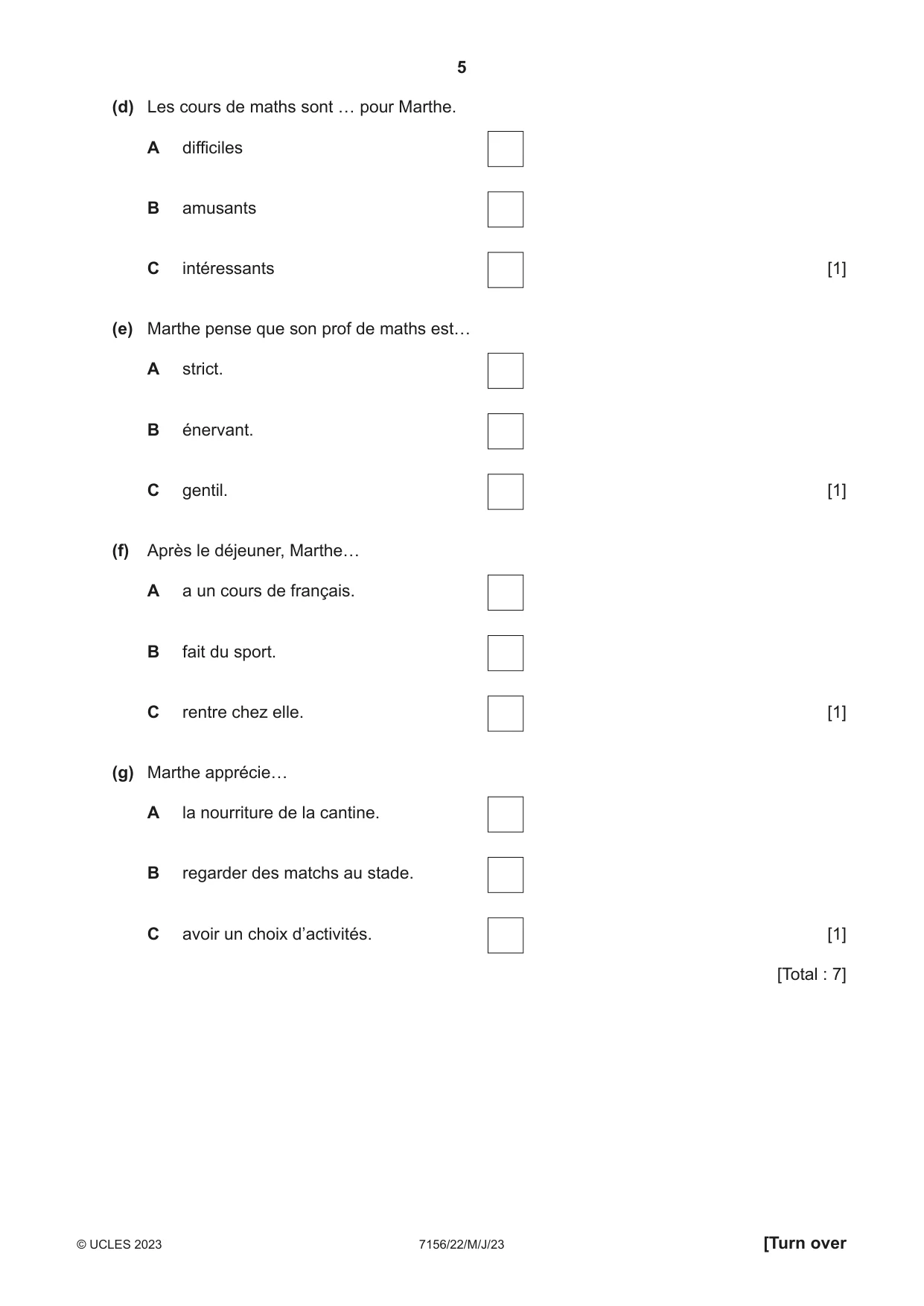 Cambridge IGCSE French (9-1) 7156 2023 May/June Paper 2 · Variant 2 question paper, page 5 of 12