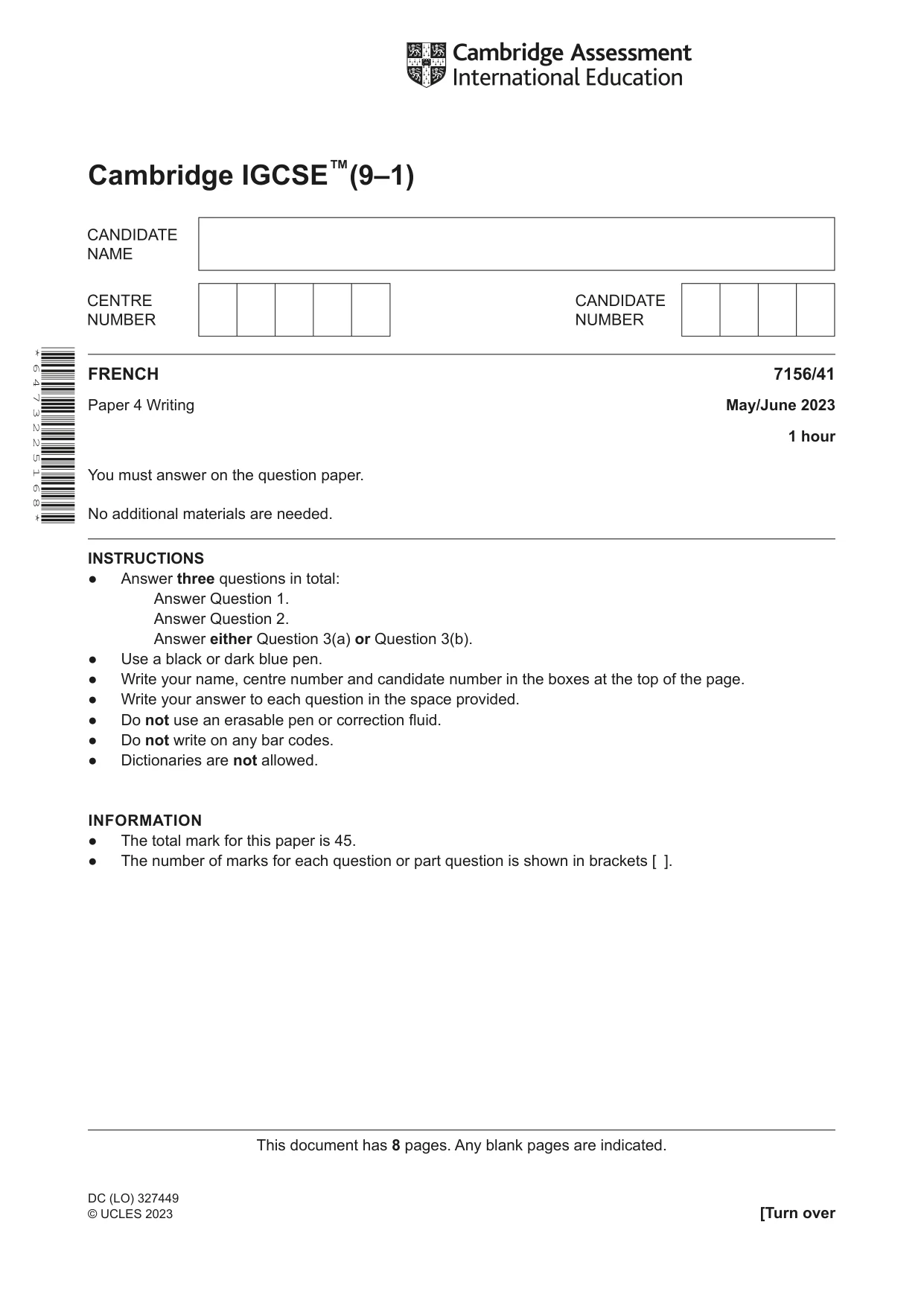 Cambridge IGCSE French (9-1) 7156 2023 May/June Paper 4 · Variant 1 question paper, page 1 of 8