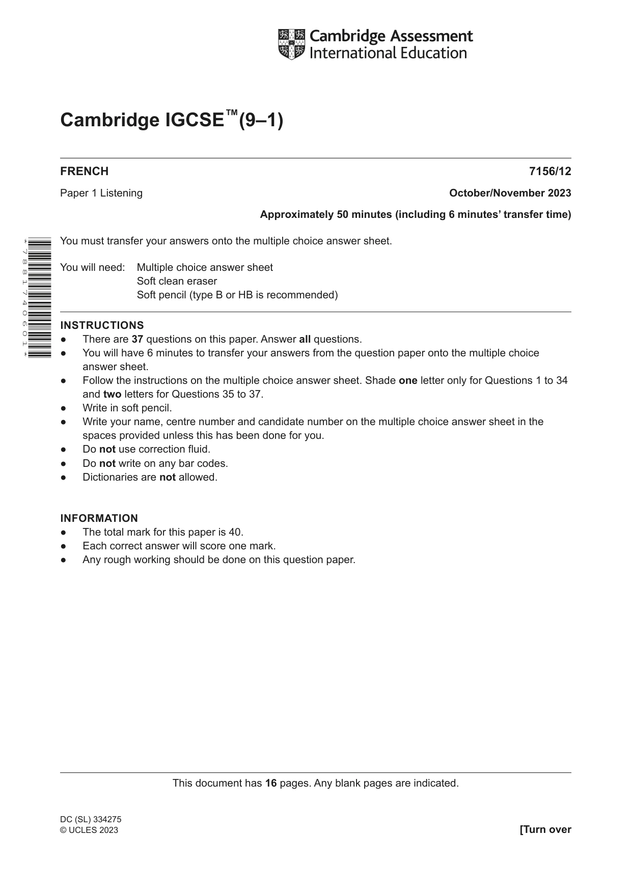 Cambridge IGCSE French (9-1) 7156 2023 Oct/Nov Paper 1 · Variant 2 question paper, page 1 of 16