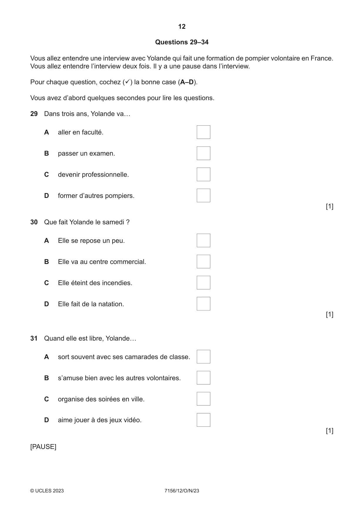 Cambridge IGCSE French (9-1) 7156 2023 Oct/Nov Paper 1 · Variant 2 question paper, page 12 of 16