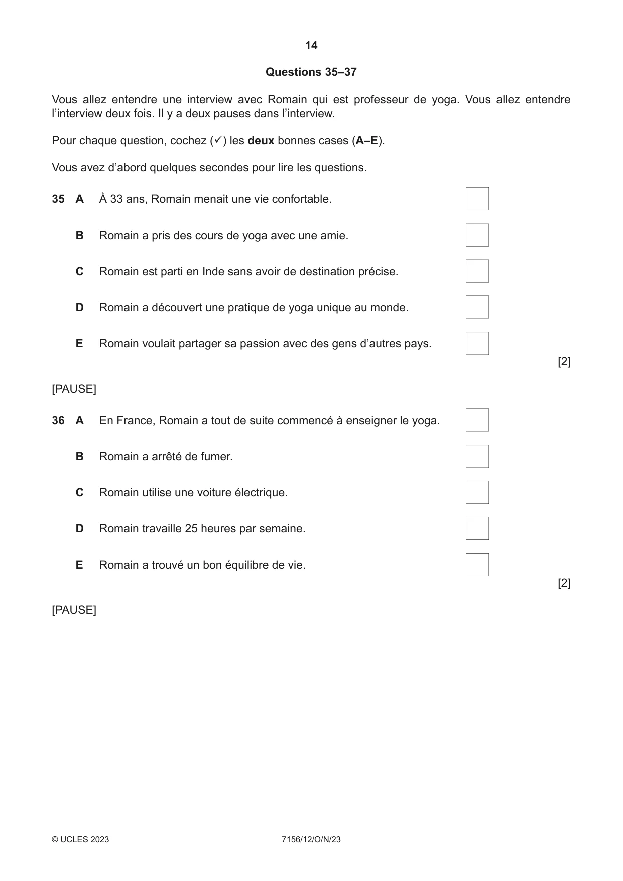 Cambridge IGCSE French (9-1) 7156 2023 Oct/Nov Paper 1 · Variant 2 question paper, page 14 of 16
