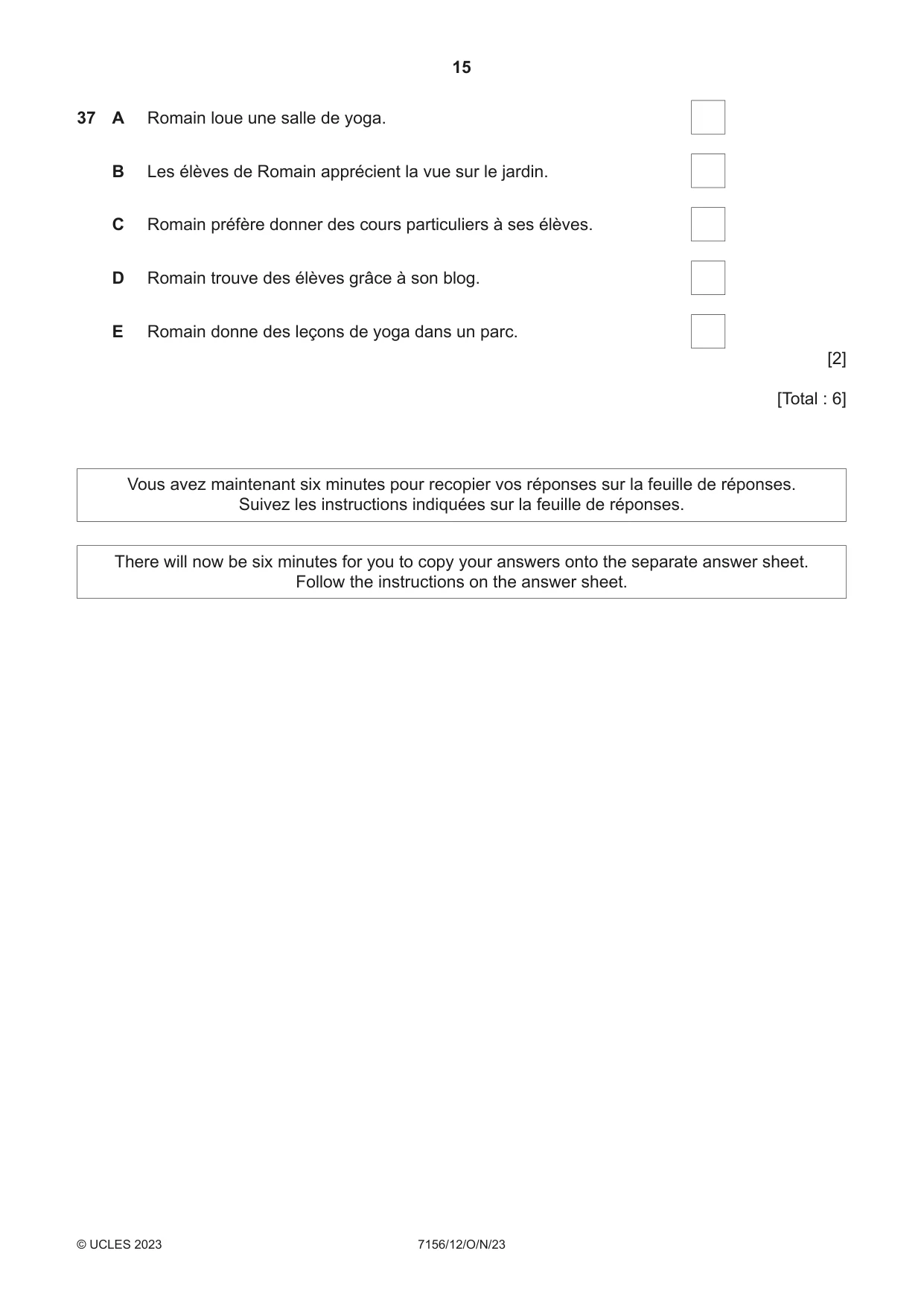 Cambridge IGCSE French (9-1) 7156 2023 Oct/Nov Paper 1 · Variant 2 question paper, page 15 of 16