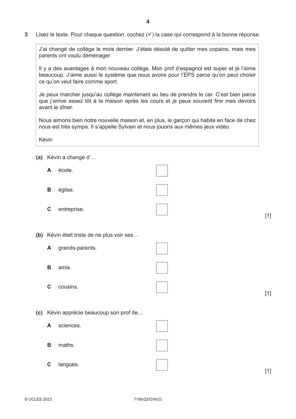 Cambridge IGCSE French (9-1) 7156 2023 Oct/Nov Paper 2 · Variant 2 question paper, page 4 of 12