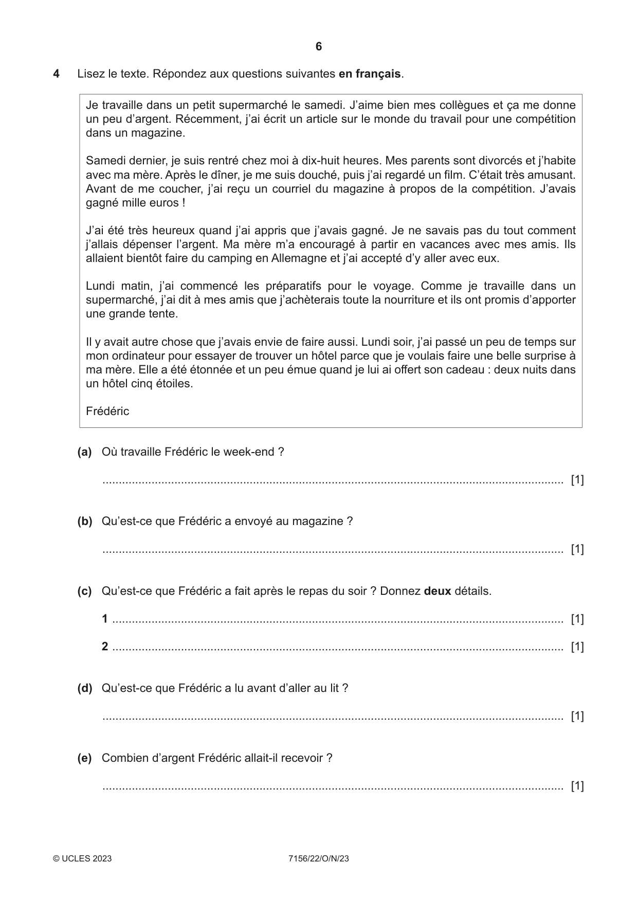 Cambridge IGCSE French (9-1) 7156 2023 Oct/Nov Paper 2 · Variant 2 question paper, page 6 of 12