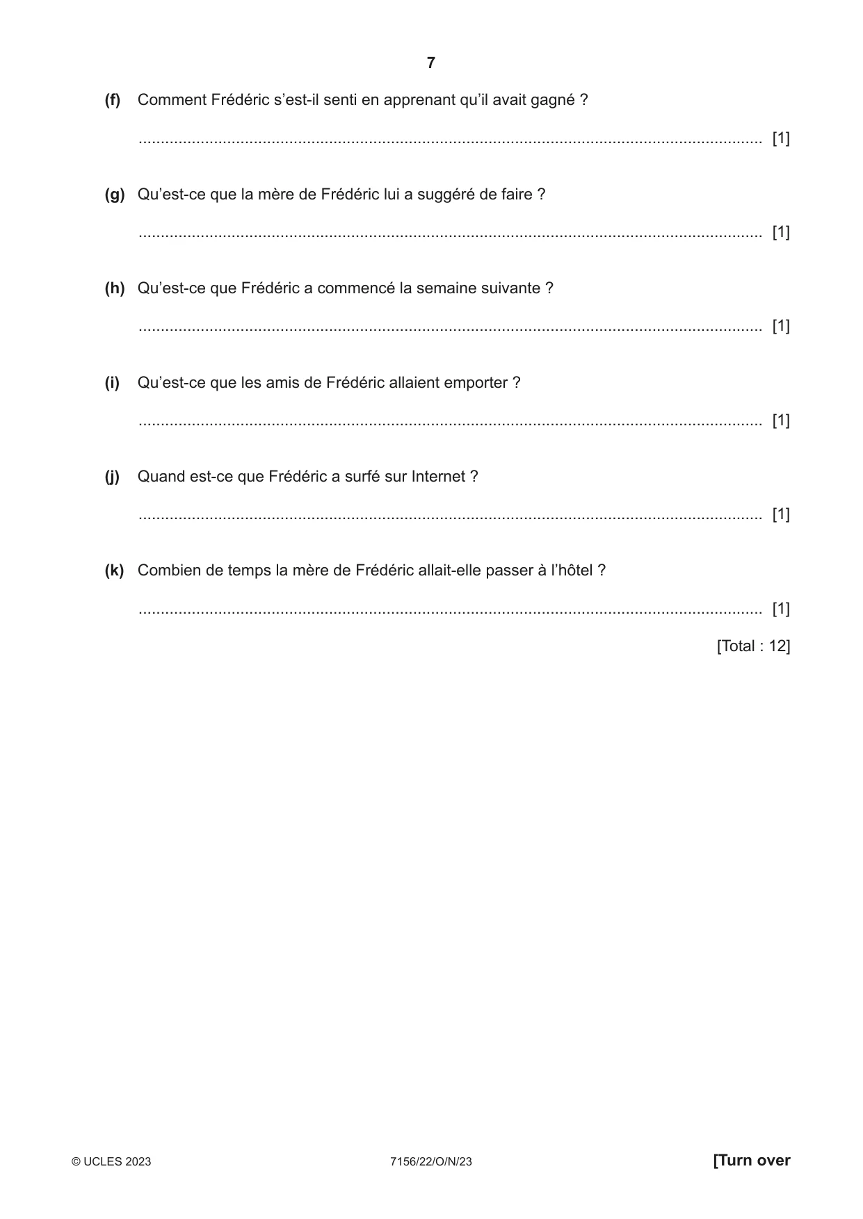Cambridge IGCSE French (9-1) 7156 2023 Oct/Nov Paper 2 · Variant 2 question paper, page 7 of 12